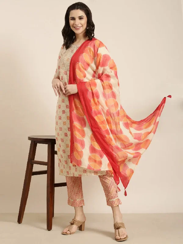 Women Straight Beige Geometric Kurta and Trousers Set Comes With Dupatta-AT-KPD-1119-Beige Trousers Fleece Cozy Women Straight Beige Geometric Kurta and Trousers Set Comes With Dupatta-AT-KPD-1119-Beige Trousers Fleece Cozy
