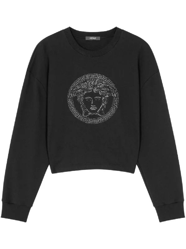 Versace Black Crystal Lurex Medusa Sweatshirt Hoodie with Snap Buttons Easy Quick