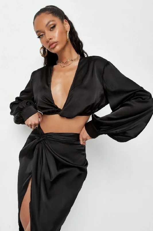 Black Twist And Front Satin Crop Top Solid Print Embellished