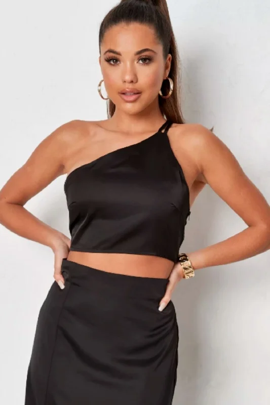 One Shoulder Satin Crop Top Striped Floral Plaid
