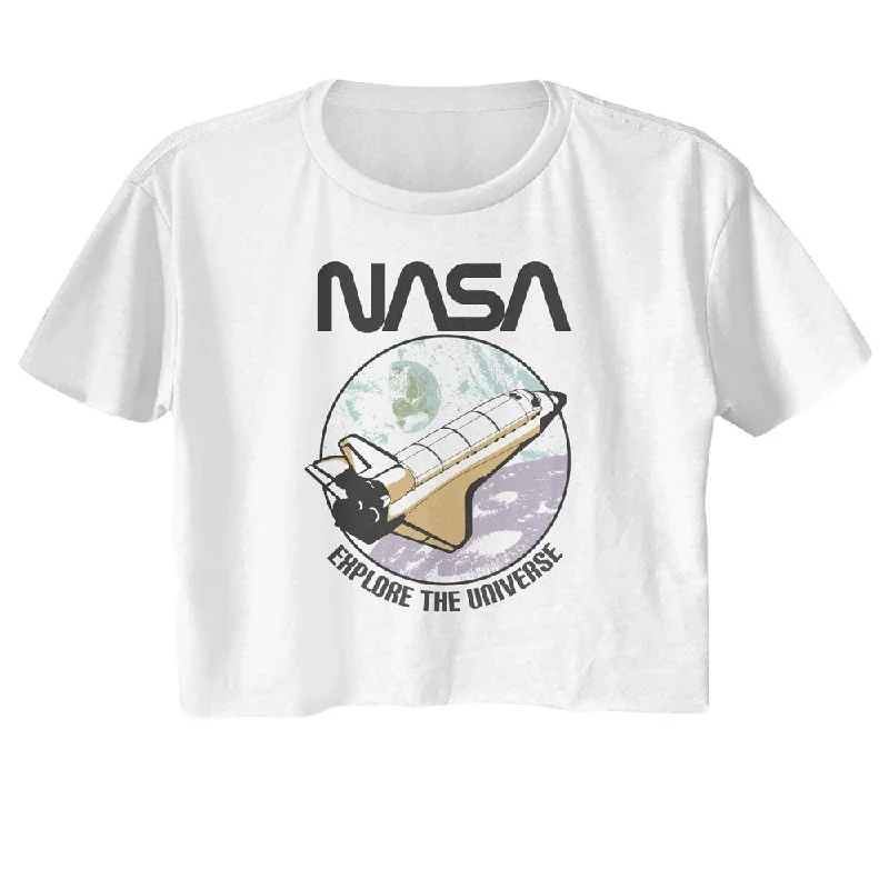 NASA Crop Top, Explore The Universe Solid Color Striped Floral