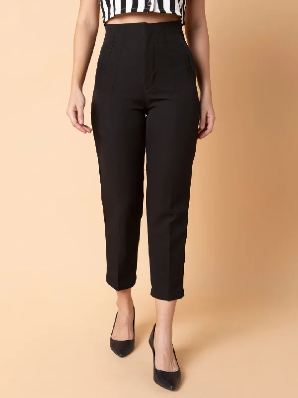 Women Pleated Solid Black Formal Trousers-AE-10908-Black Trousers Capri Summer
