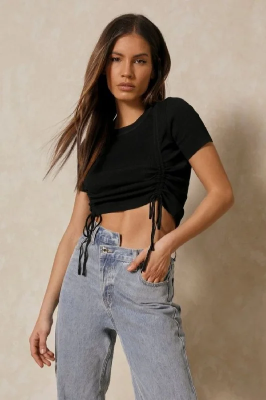 Drawstring Hem Black Crop Top Chenille Fabric Brocade Fabric Lace Fabric