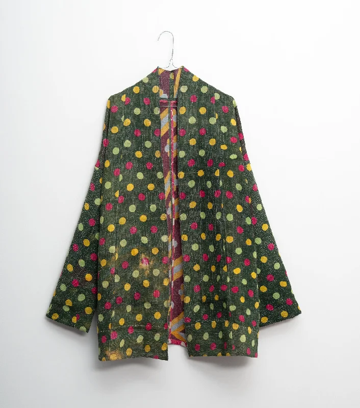 Green Vintage Cotton Kantha Reversible Jacket Belted Jacket Elasticated Jacket Padded Jacket