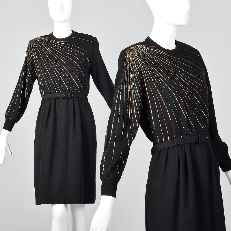 1980s Black Beaded Sweater Dress Polka Dot Checkered Tartan