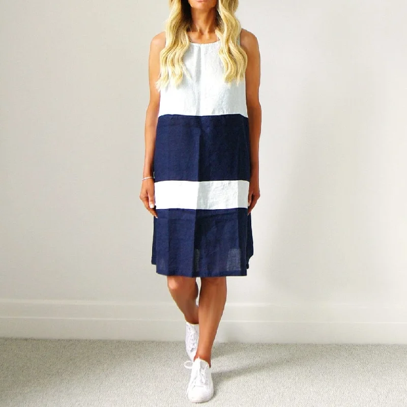 Who's Charlie Piper Sleeveless 100% Linen Dress Blue Mix