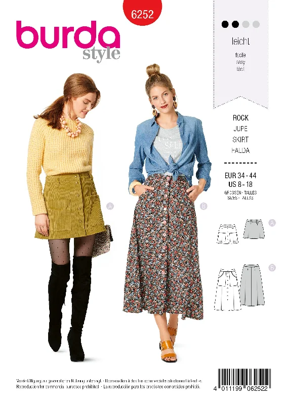 Burda Pattern 6252 Misses' Skirts, Front Fastening, Mini or Midi Length with Pocket Variations pleated skirt texture