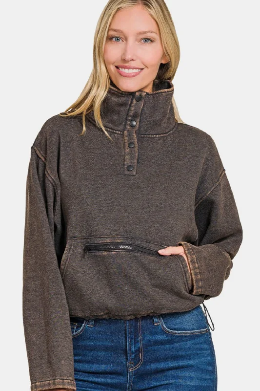 Hazel Blues® | Zenana Acid Wash Fleece Half Snap Sweatshirt with Pocket Hoodie with Elastic Cuffs Stretchable Comfortable Hazel Blues® | Zenana Acid Wash Fleece Half Snap Sweatshirt with Pocket Hoodie with Elastic Cuffs Stretchable Comfortable