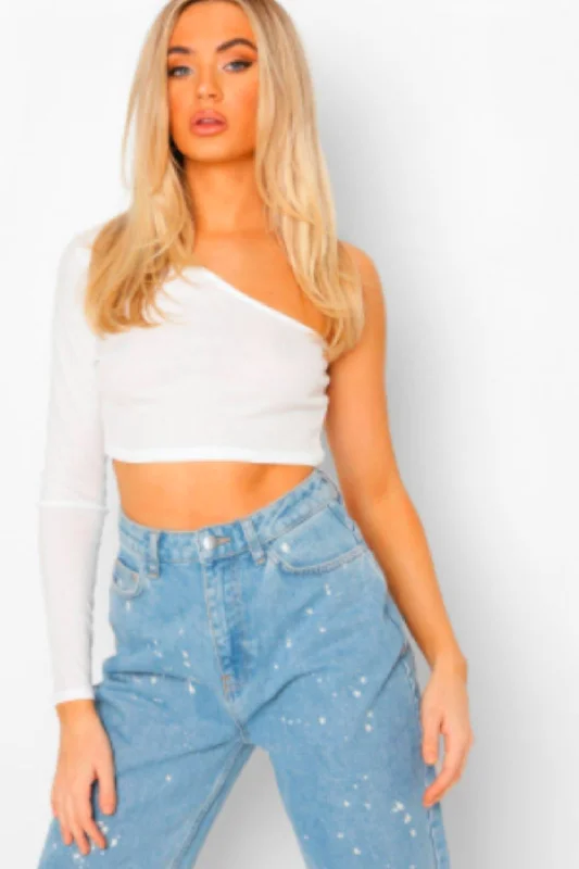 White One Shoulder Rib Basic Crop Top Fleece Nylon Spandex