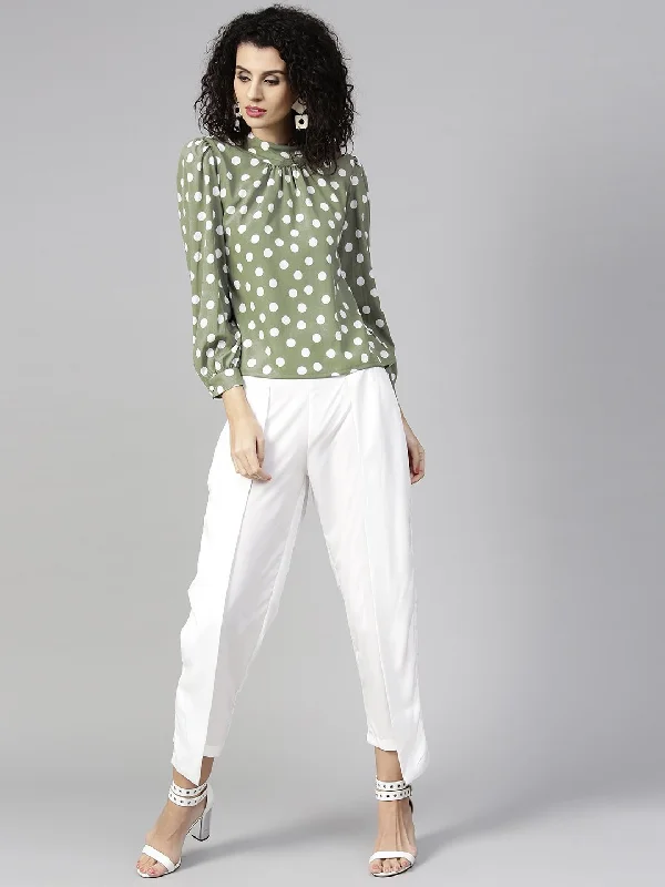 Women's Olive Green & White Printed Top With Trousers - Nayo Clothing Trousers Yoga Stretchy