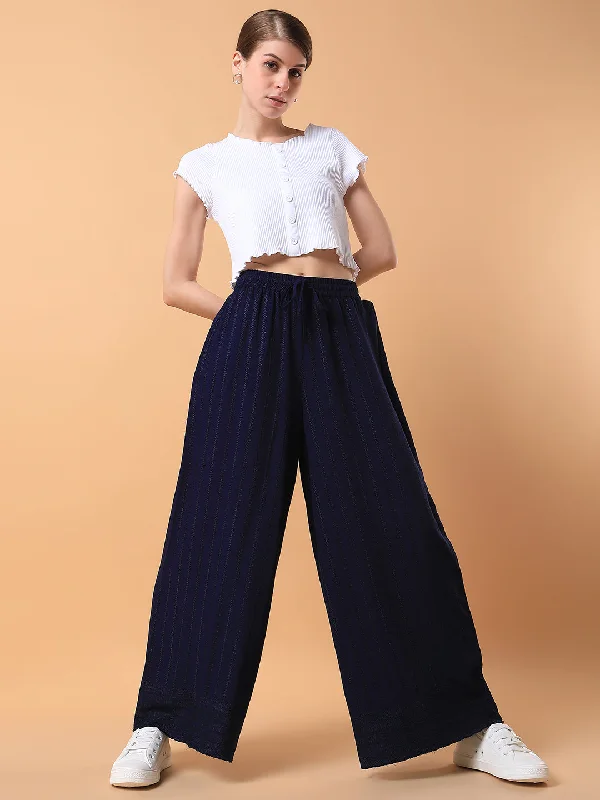 Women Navy Blue Solid Pleated Loose Fit Trouser-MRF-186-Navyblue Cropped Trousers Casual Linen Women Navy Blue Solid Pleated Loose Fit Trouser-MRF-186-Navyblue Cropped Trousers Casual Linen
