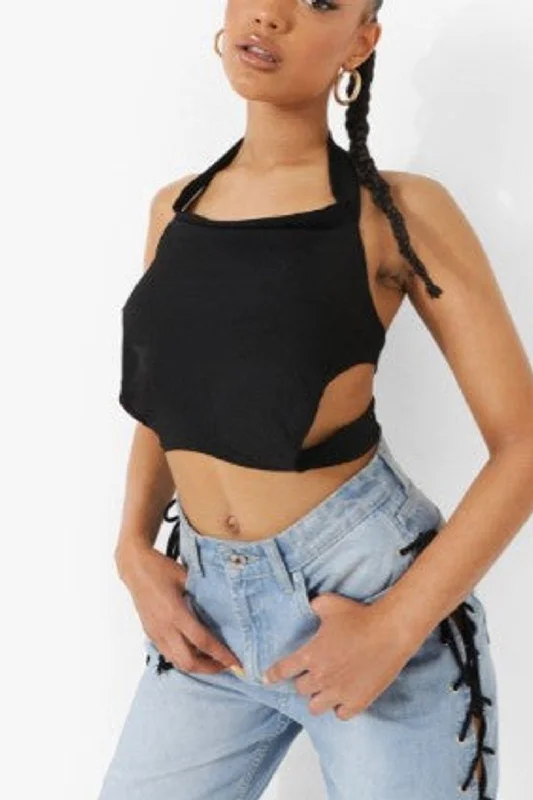Black Cross Detail Open Back Crop Top Zippered Buttoned Snapped