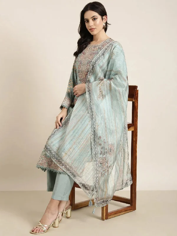 Women Straight Sea Green Solid Kurta and Trousers Set Comes With Dupatta-GW-4650-Seagreen Trousers Plaid Checkered