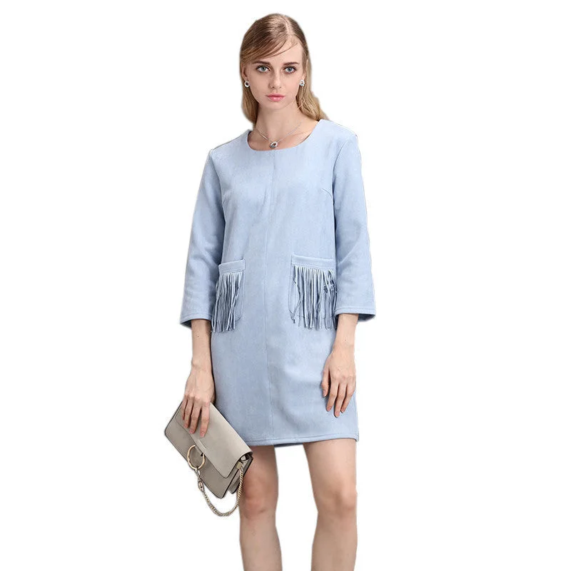 autumn winter women's pocket tassels fringed pink black khaki blue faux suede dress long sleeve