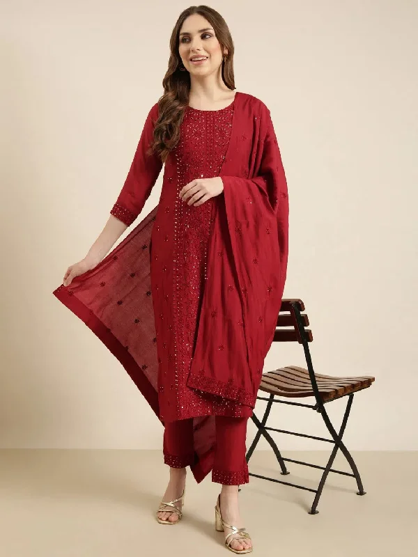 Women Straight Maroon Floral Kurta and Trousers Set Comes With Dupatta-SKC-052557-Maroon Trousers Corduroy Warm Women Straight Maroon Floral Kurta and Trousers Set Comes With Dupatta-SKC-052557-Maroon Trousers Corduroy Warm