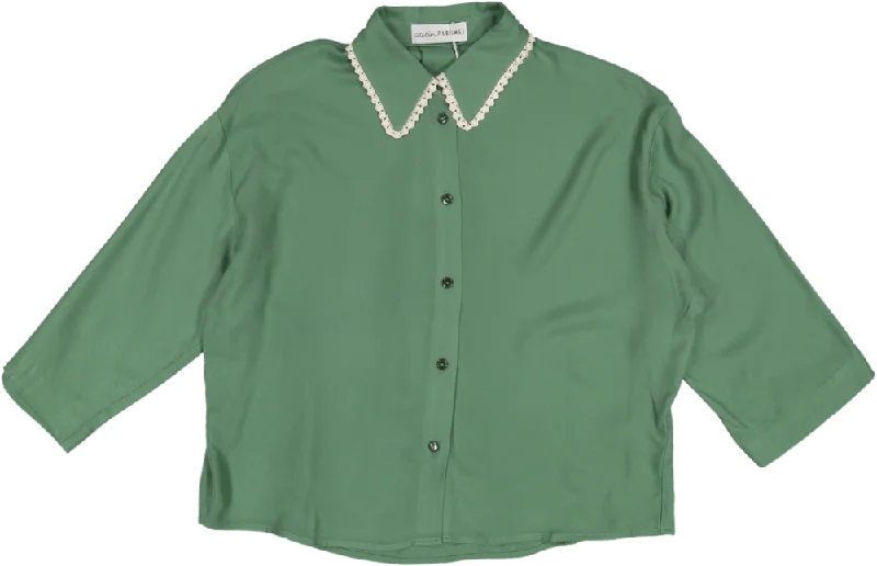 OVERSIZED CROP TOP WITH LACE DETAILED COLLAR-BASIL GREEN Sequined Glittery Shiny