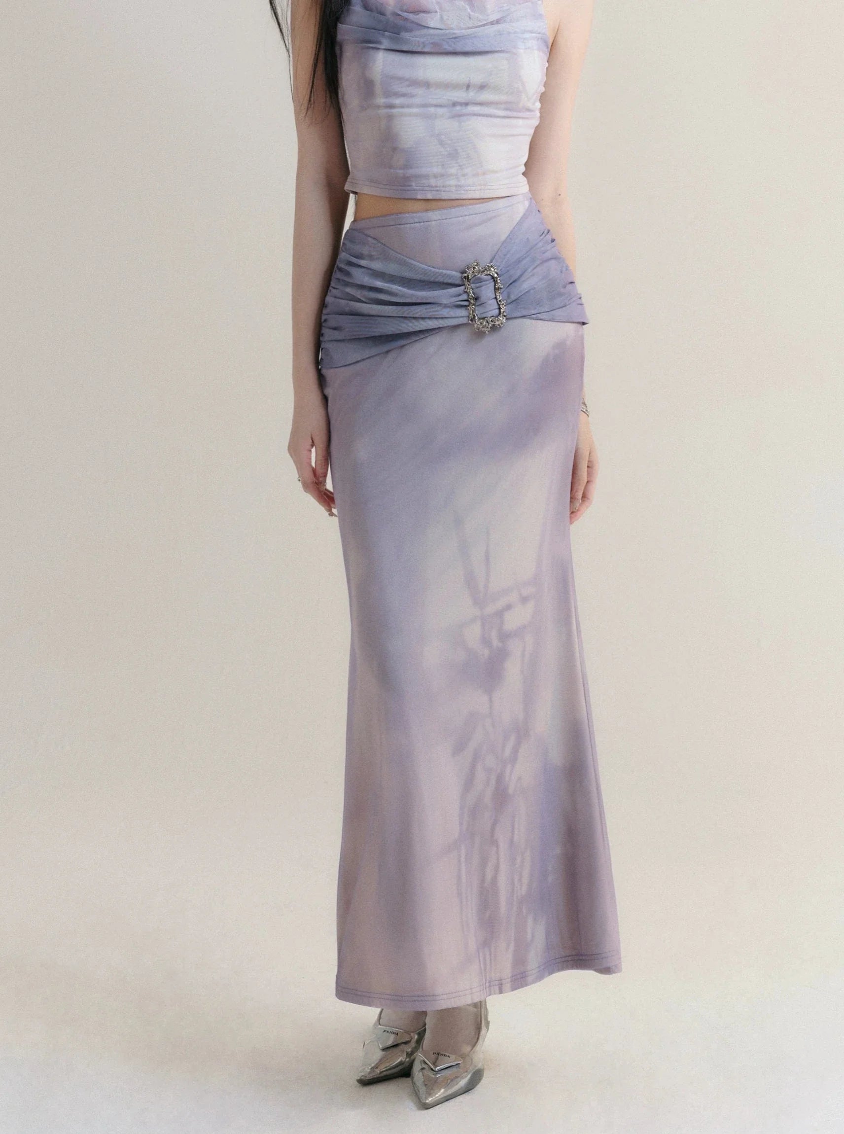 Elegant Lilac Satin Maxi Skirt with Rhinestone Buckle Detail chiffon skirt delicate