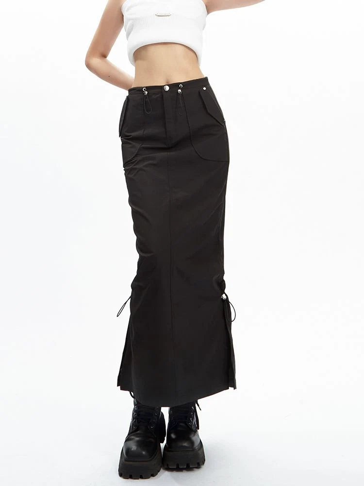 Black Gothic Cargo Maxi Skirt chiffon skirt lightweight