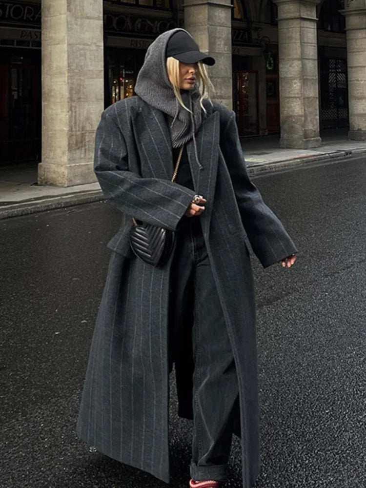 Advbridge 2024 Retro Gray Women's Striped Woolen Long Coats Fashion Cropped Lapel Pockets Overcoat Autumn Winter Lady Commute Suit Jackets Tailored Jacket Straight Jacket A-Line Jacket Advbridge 2024 Retro Gray Women's Striped Woolen Long Coats Fashion Cropped Lapel Pockets Overcoat Autumn Winter Lady Commute Suit Jackets Tailored Jacket Straight Jacket A-Line Jacket