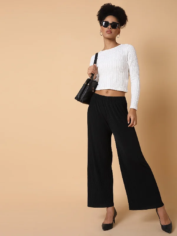 Women Flat Front Solid Black Trousers-8826-Black Trousers versatile all-occasion