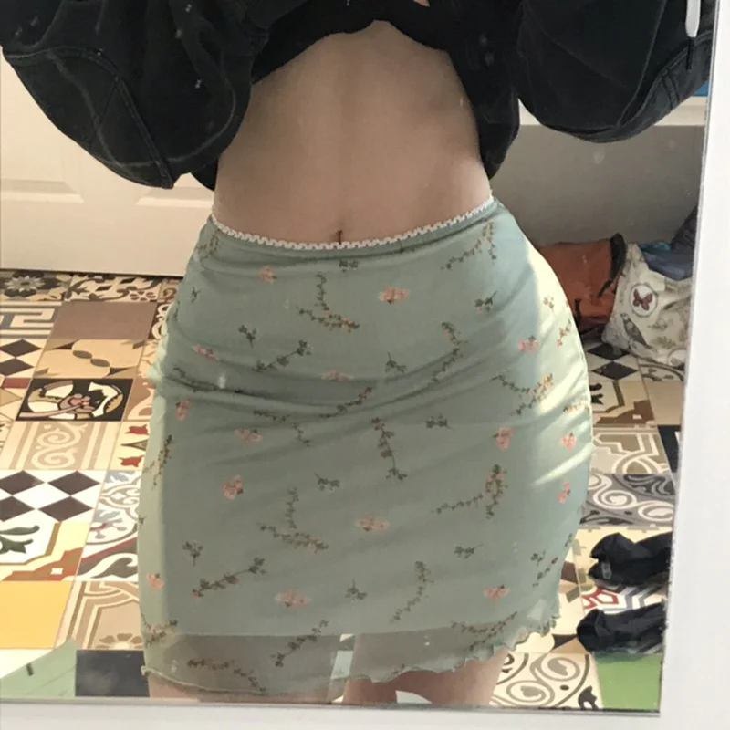 Women'S Fashion Sexy Tiny Flower Printing Mesh Hip Wrap Double Layer Skirt denim skirt fashionable Women'S Fashion Sexy Tiny Flower Printing Mesh Hip Wrap Double Layer Skirt denim skirt fashionable