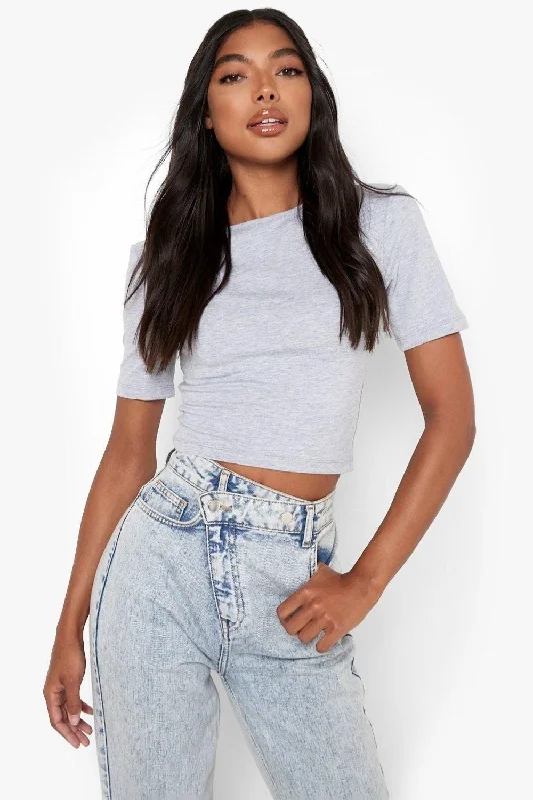 Tall Basic Short Sleeve  Crop Top Notch Collar Peter Pan Collar Cowl Neck