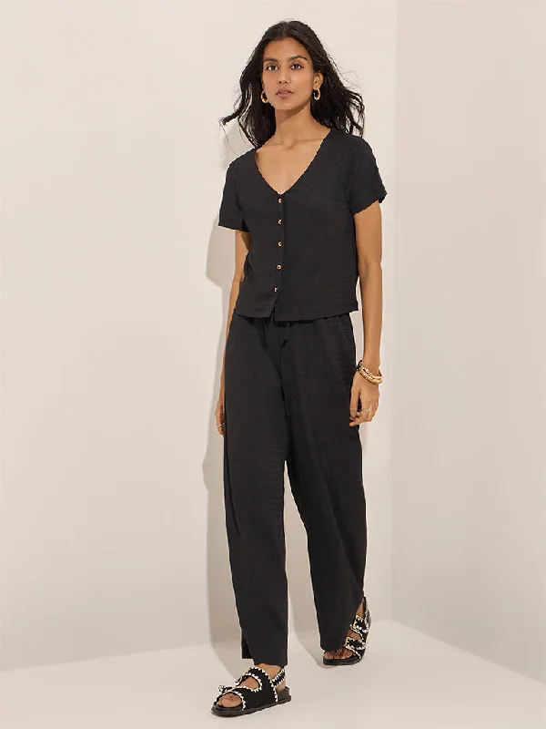 LOV Black Self-Textured High-Rise Trousers Trousers practical easy-care