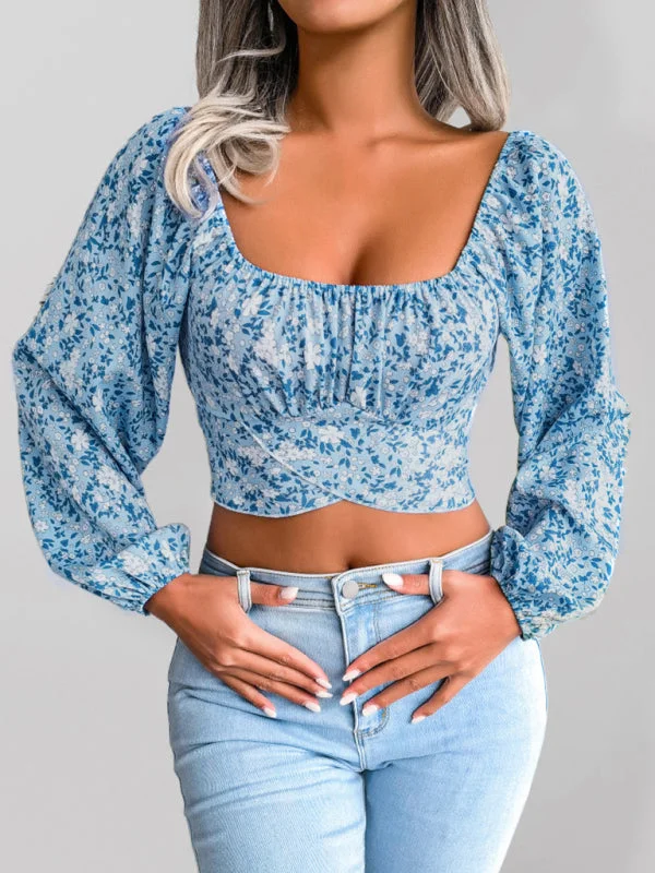 Blue Zone Planet | Lantern sleeve bowknot floral chiffon shirt holiday style crop top Hooded Caped Shawl Collar Blue Zone Planet | Lantern sleeve bowknot floral chiffon shirt holiday style crop top Hooded Caped Shawl Collar