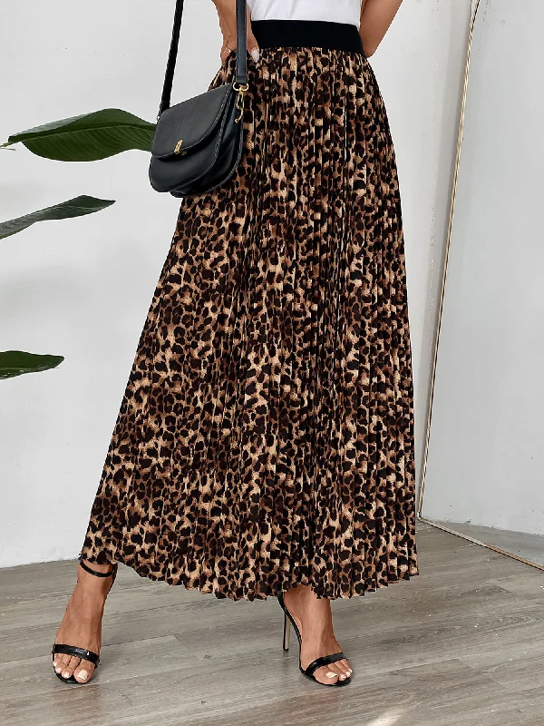 Pleated Leopard Elastic Waist Midi A-Line Casual Skirt high waist skirt