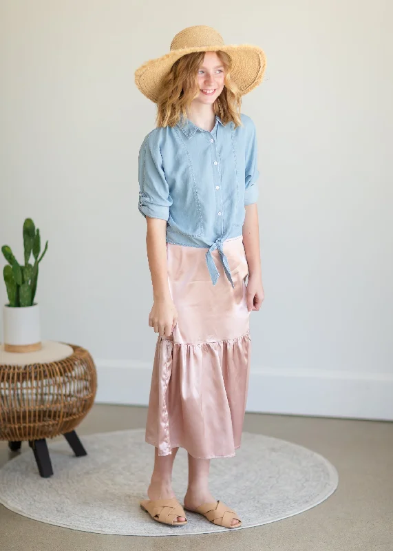 Girls Blush Satin Tiered Midi Skirt - FINAL SALE elastic waist skirt