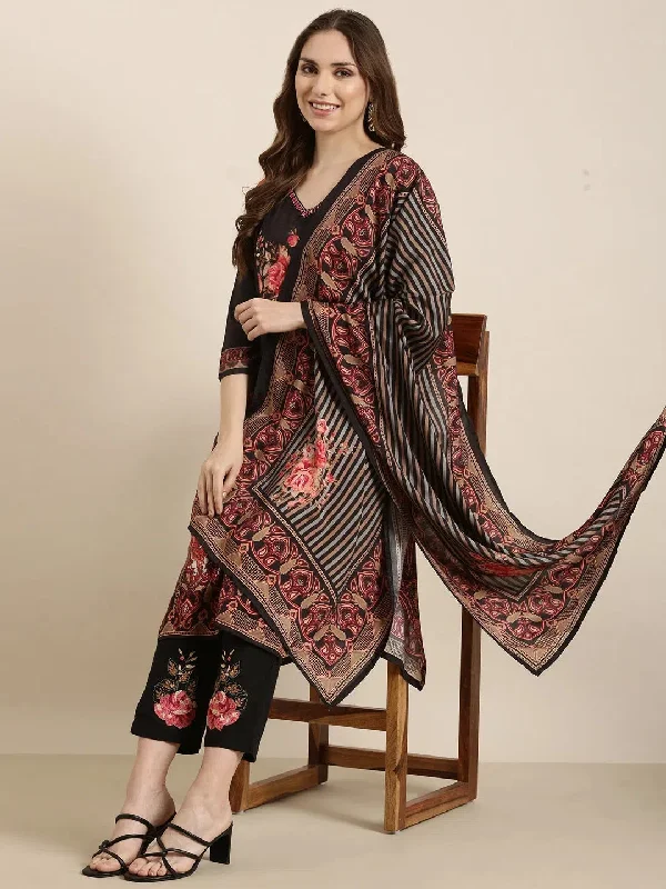 Women Straight Black Floral Kurta and Trousers Set Comes With Dupatta-UB-3150-Black Trousers Gym Athletic Women Straight Black Floral Kurta and Trousers Set Comes With Dupatta-UB-3150-Black Trousers Gym Athletic