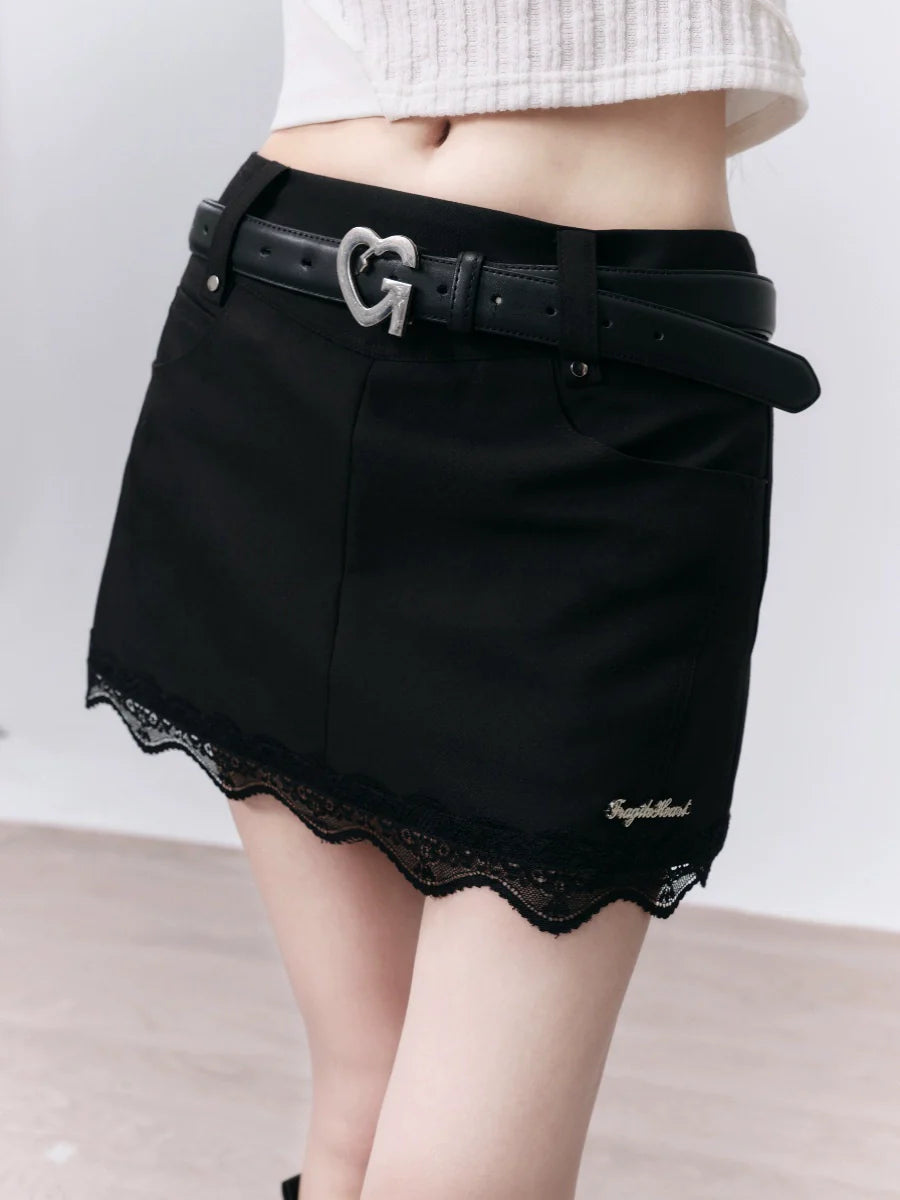 Classic Elegance Mini Skirt: Black Denim with Scalloped Lace Hem chiffon skirt floaty