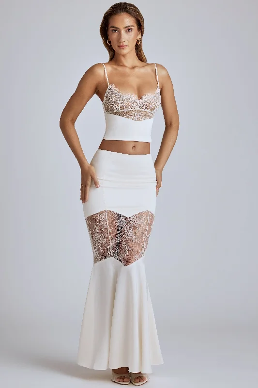 Lace Panel Fishtail Gown Skirt in Ivory athletic skirt fit