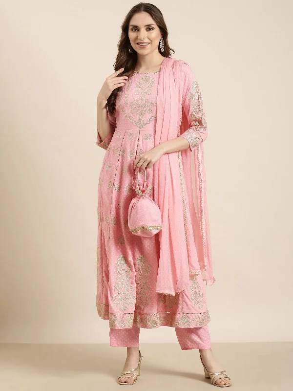 Women Anarkali Pink Floral Kurta and Trousers Set Comes With Dupatta and Potli Bag-GW-3369-Pink Trousers Yoga Stretchy Women Anarkali Pink Floral Kurta and Trousers Set Comes With Dupatta and Potli Bag-GW-3369-Pink Trousers Yoga Stretchy