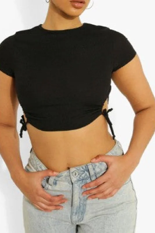 Black Tie Detail Rib Crop Top Beaded Sequined Faux Fur