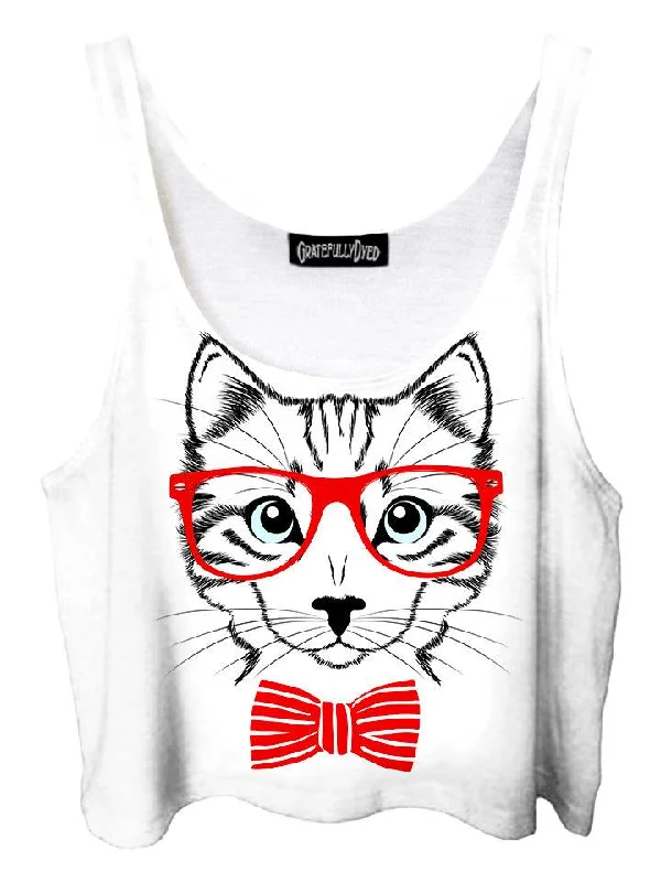 Four Eyed Bow Tie Kitty Cat Crop Top Handmade Hand-knitted Hand-woven