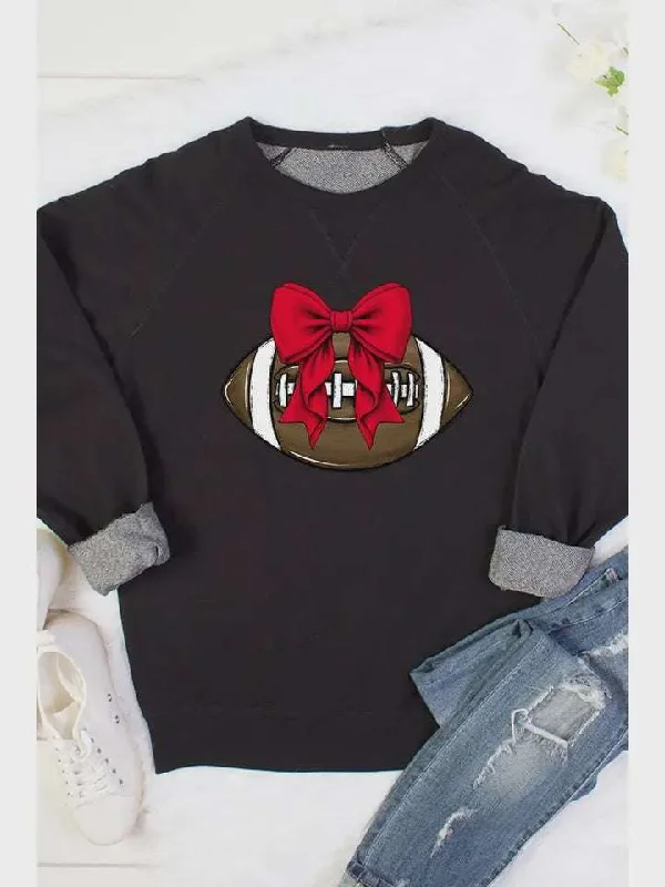 Red Bow Football Sweatshirt Hoodie with Hem Drawcord Adjustable Customizable