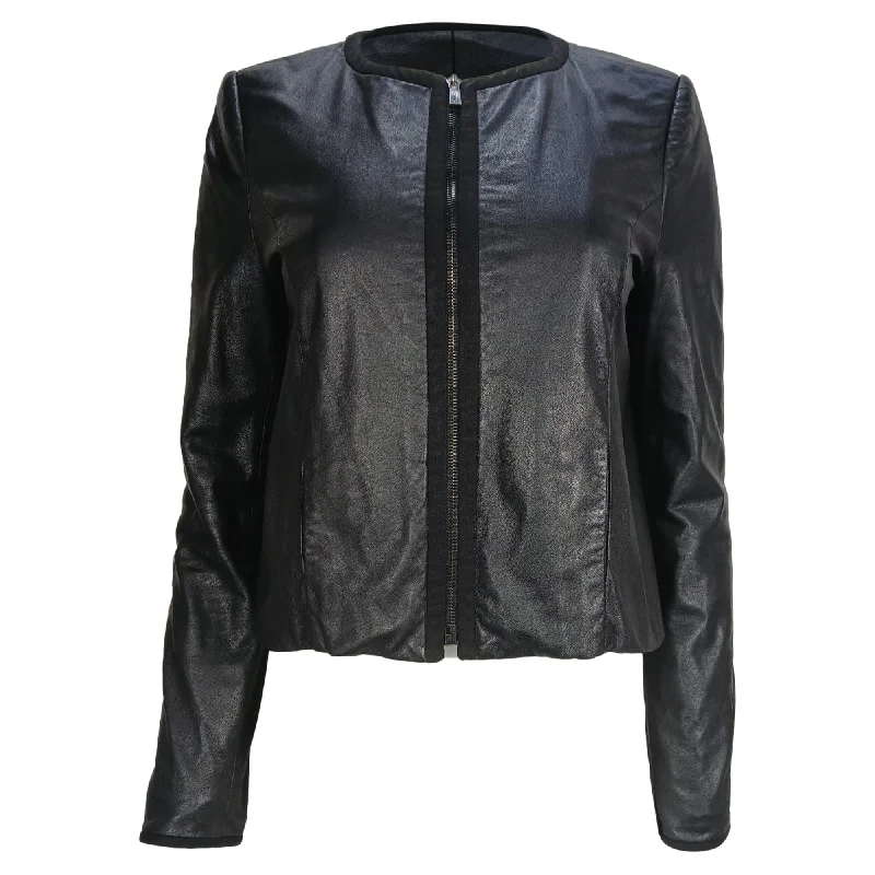 Jason Wu Collarless Zipped Jacket in Black Lambskin Leather Knit Jacket Woven Jacket Fleece Jacket