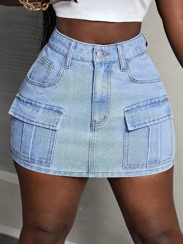 Sexy Bodycon Mini Cargo Denim Skirt - Women's Denim Skirts with Flap Pocket, Slim Fit, Washed Blue, Plain Design, Stylish and Fashionable - Perfect for Casual Daily Wear corduroy skirt textured