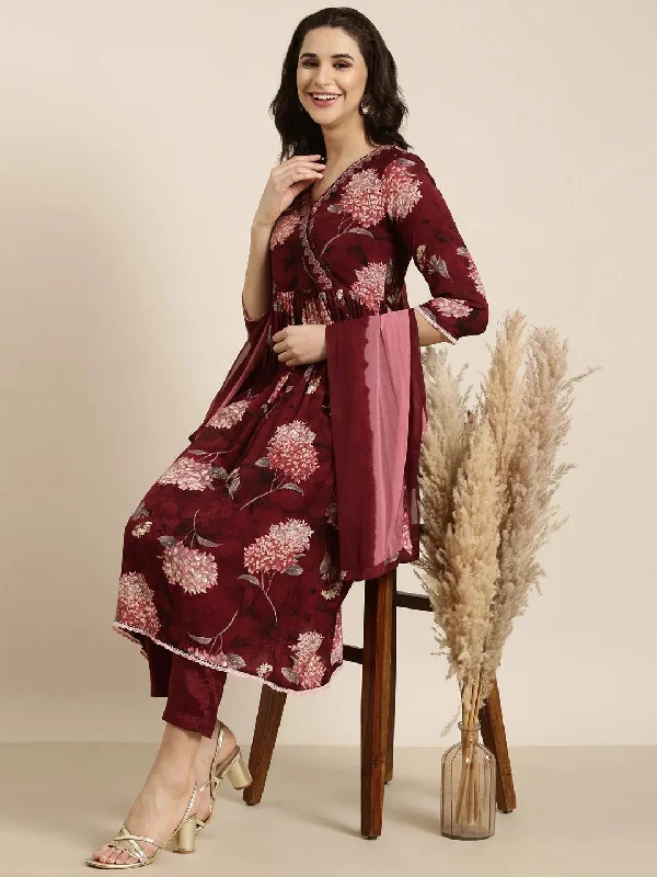 Women Anarkali Maroon Floral Kurta and Trousers Set Comes With Dupatta-BC-SK-1918-Maroon Trousers Denim Blue Women Anarkali Maroon Floral Kurta and Trousers Set Comes With Dupatta-BC-SK-1918-Maroon Trousers Denim Blue