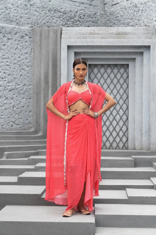 Raspberry Printed Skirt With Cape And Inner wrap skirt elegant