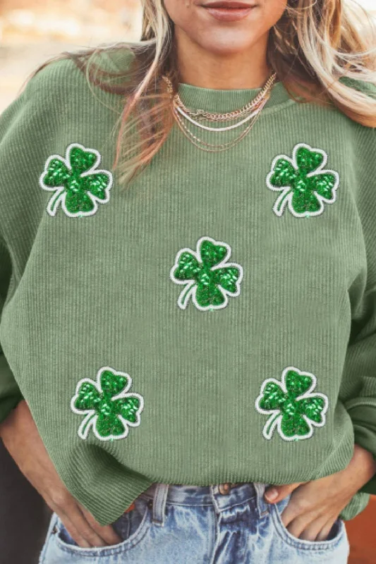 Hazel Blues® | Sequin Lucky Clover Round Neck Long Sleeve Sweatshirt Hoodie with Hem Patch Decorative Personalized Hazel Blues® | Sequin Lucky Clover Round Neck Long Sleeve Sweatshirt Hoodie with Hem Patch Decorative Personalized