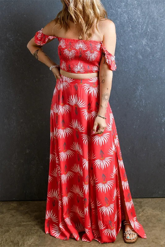 Blue Zone Planet |  Red Floral Shirred Off Shoulder Crop Top and Slit Maxi Skirt Set Mesh Blend Leather Blend Suede Blend