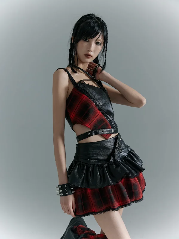 Frustration Garden Punk Rock Mini Skirt - Red Plaid with Black Leather Ruffle Overlay and Studded Belt velvet skirt plush