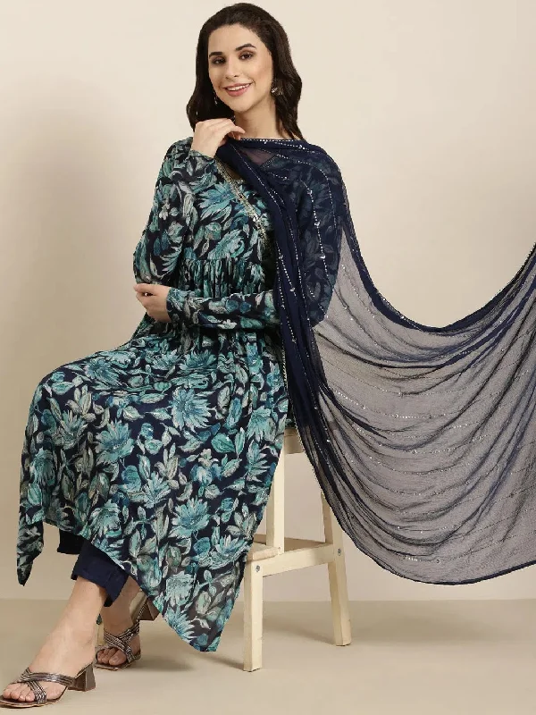 Women Straight Blue Floral Kurta and Trousers Set Comes With Dupatta-DK-3608-Blue Trousers Review Highly Women Straight Blue Floral Kurta and Trousers Set Comes With Dupatta-DK-3608-Blue Trousers Review Highly