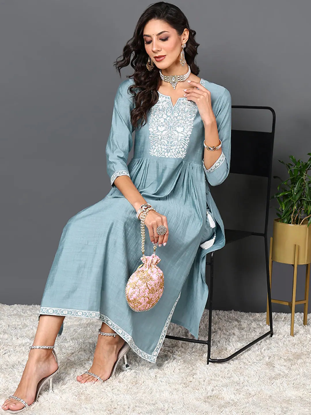 Ahika Women Blue Silk Blend Solid Embroidered Kurta with Trouser Trousers Formal Black