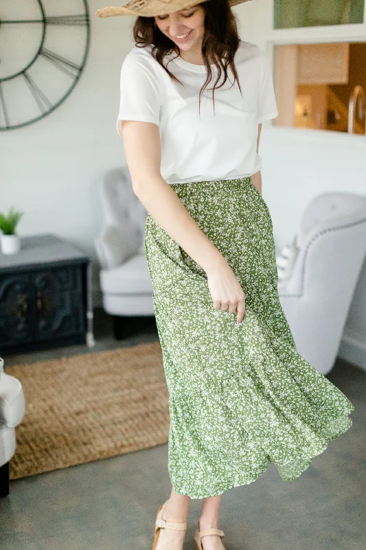 Olive Floral Tiered Midi Skirt cashmere skirt plush