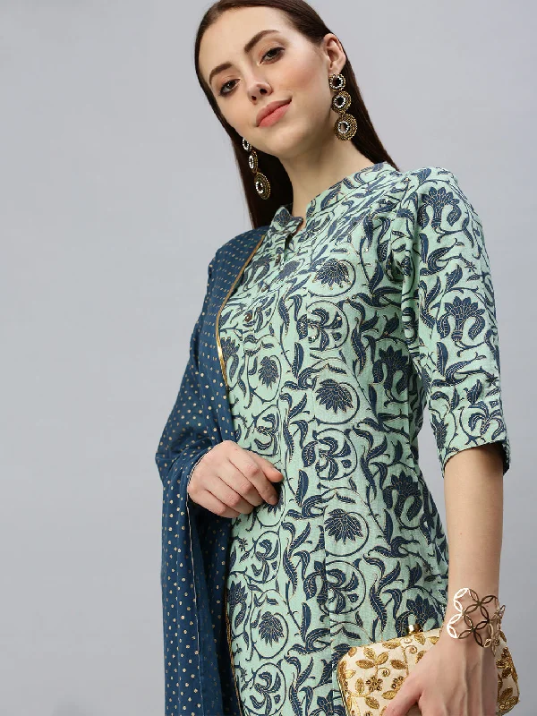 Women Straight Turquoise Blue Printed Kurta and Trousers Comes with Dupatta-BC1400B-Turquoiseblue Trousers Vintage Classic