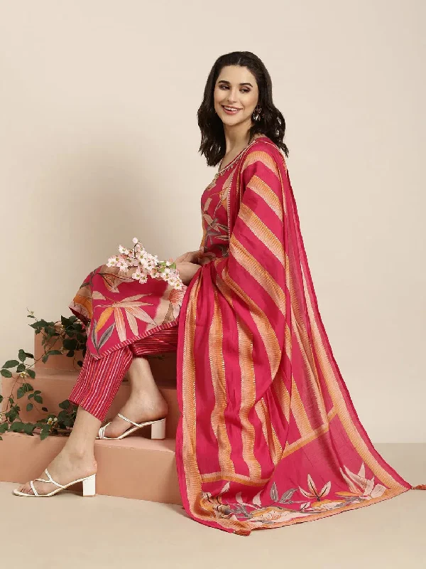 Women Straight Pink Floral Kurta and Trousers Set Comes With Dupatta-AT-A1418-KPD-Pink Trousers Wedding White Women Straight Pink Floral Kurta and Trousers Set Comes With Dupatta-AT-A1418-KPD-Pink Trousers Wedding White