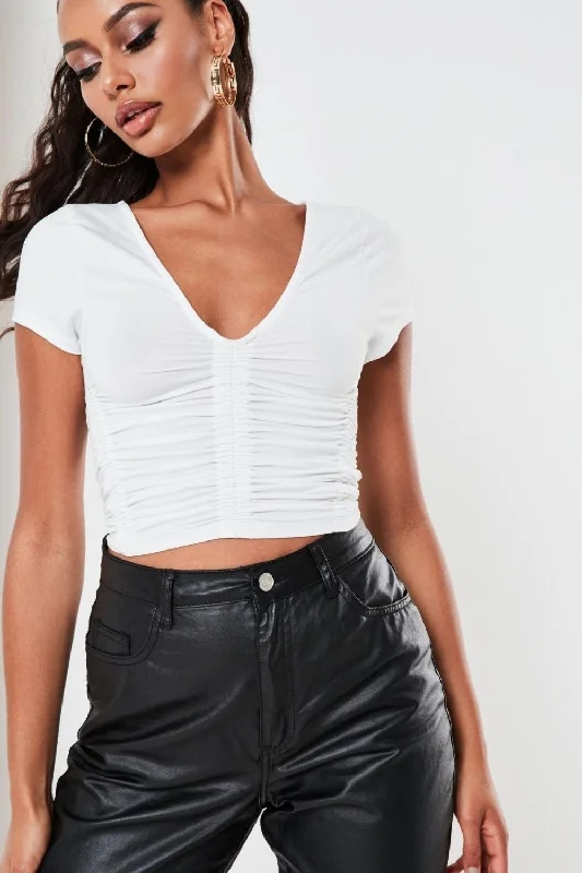 White Slinky Ruched Crop Top Hooded Caped Shawl Collar